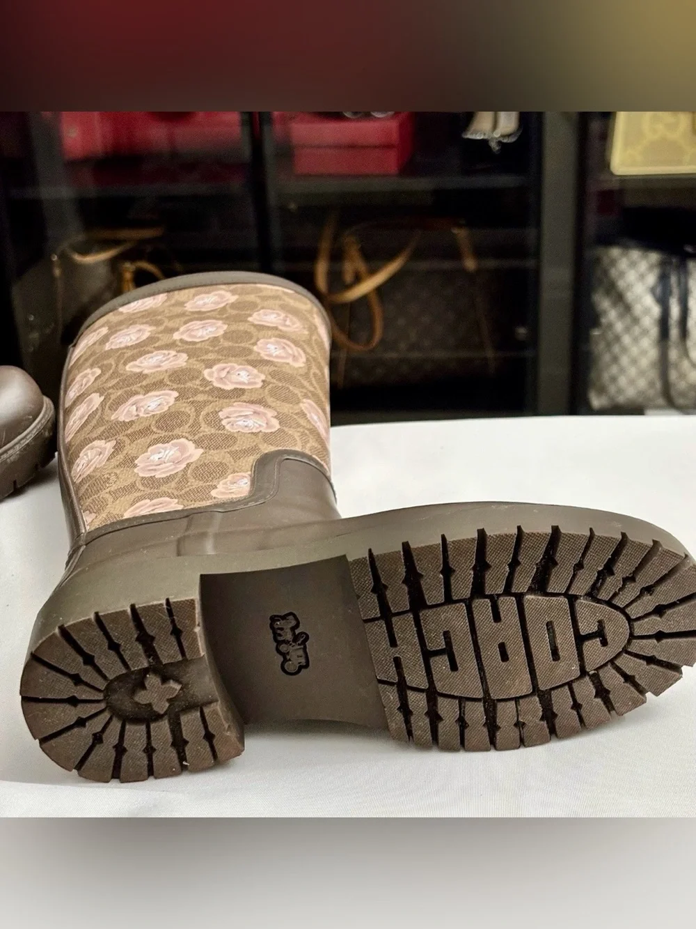Coach Signature Rubber Rain Boots Tan Dark Brown Floral Pink Size 7B Worn Once.